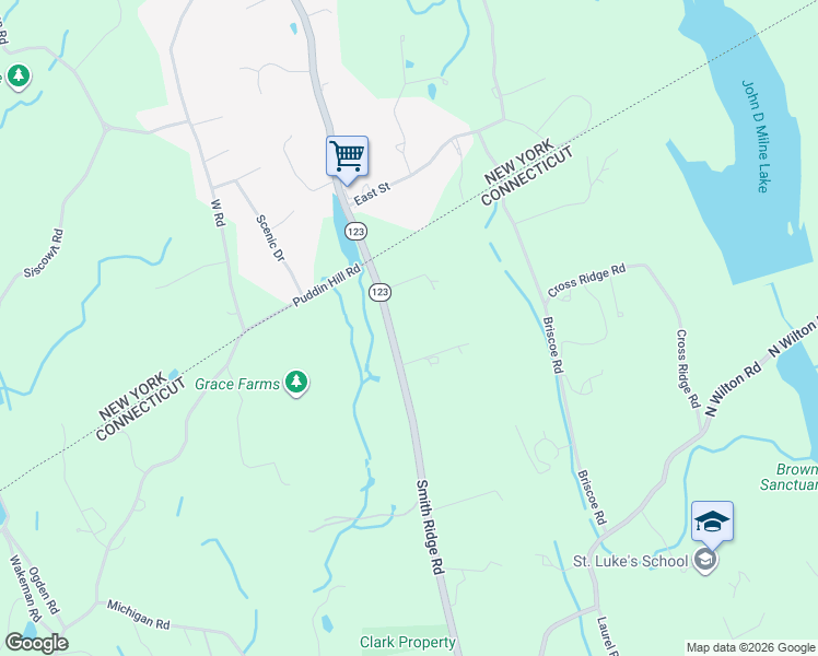 map of restaurants, bars, coffee shops, grocery stores, and more near 1343 Smith Ridge Road in New Canaan