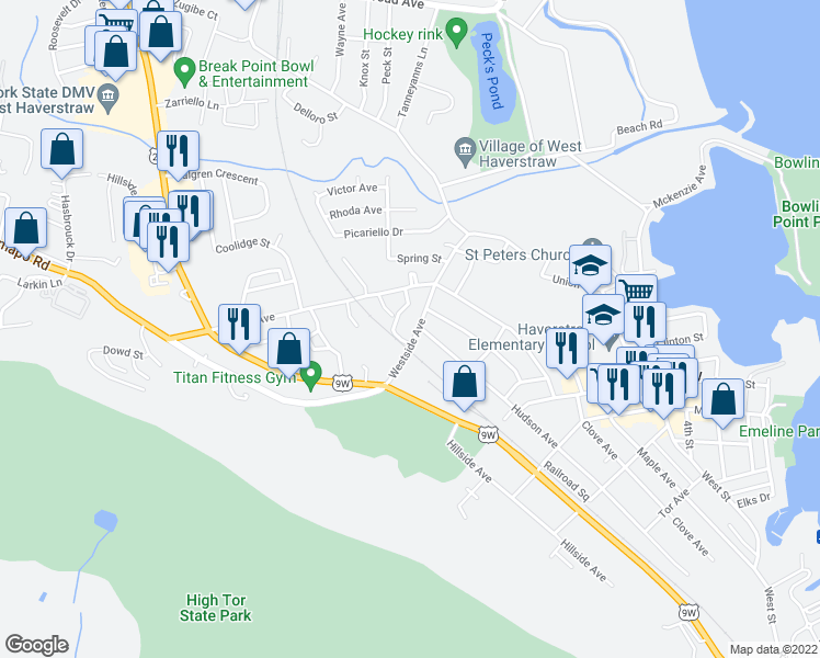map of restaurants, bars, coffee shops, grocery stores, and more near 50 Westside Avenue in Haverstraw