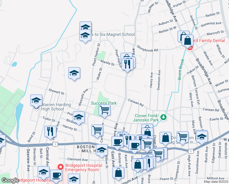 map of restaurants, bars, coffee shops, grocery stores, and more near 100 Court D in Bridgeport