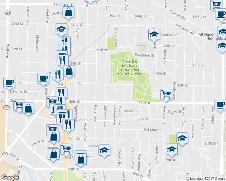 map of restaurants, bars, coffee shops, grocery stores, and more near 3529 Orchard Avenue in Ogden