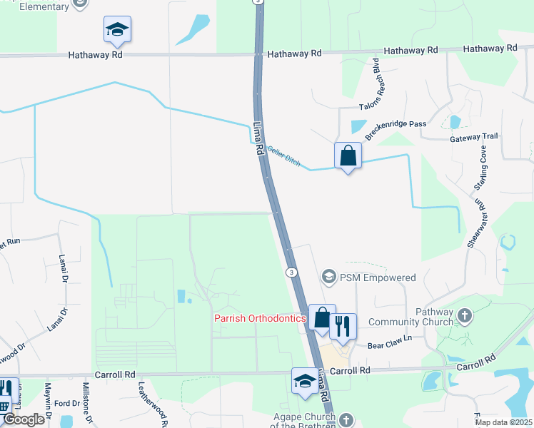 map of restaurants, bars, coffee shops, grocery stores, and more near 12407 Lima Road in Fort Wayne