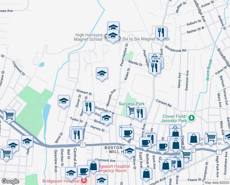 map of restaurants, bars, coffee shops, grocery stores, and more near 160 Wessels Avenue in Bridgeport