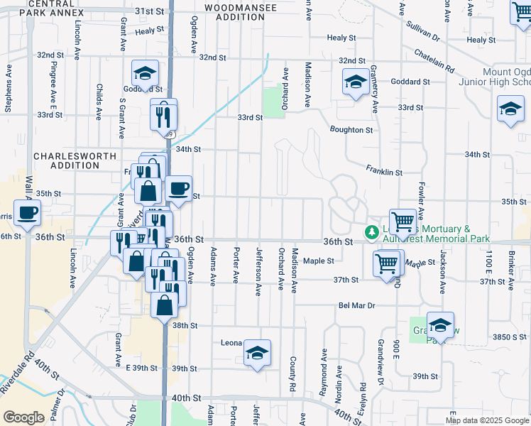 map of restaurants, bars, coffee shops, grocery stores, and more near 3530 Jefferson Avenue in Ogden