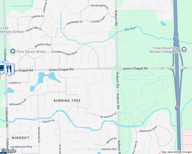 map of restaurants, bars, coffee shops, grocery stores, and more near 12524 Great Pines Cove in Fort Wayne