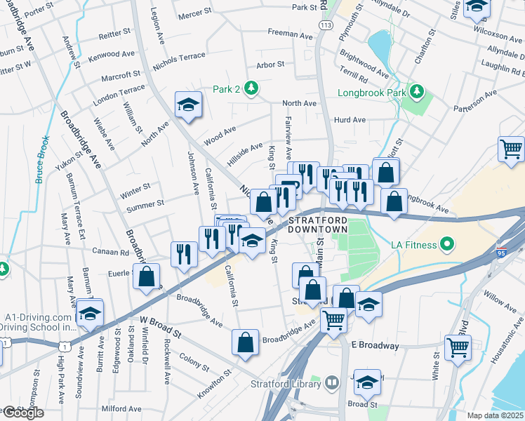 map of restaurants, bars, coffee shops, grocery stores, and more near 63 Nichols Avenue in Stratford
