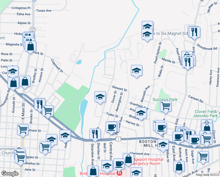 map of restaurants, bars, coffee shops, grocery stores, and more near 413 Dover Street in Bridgeport