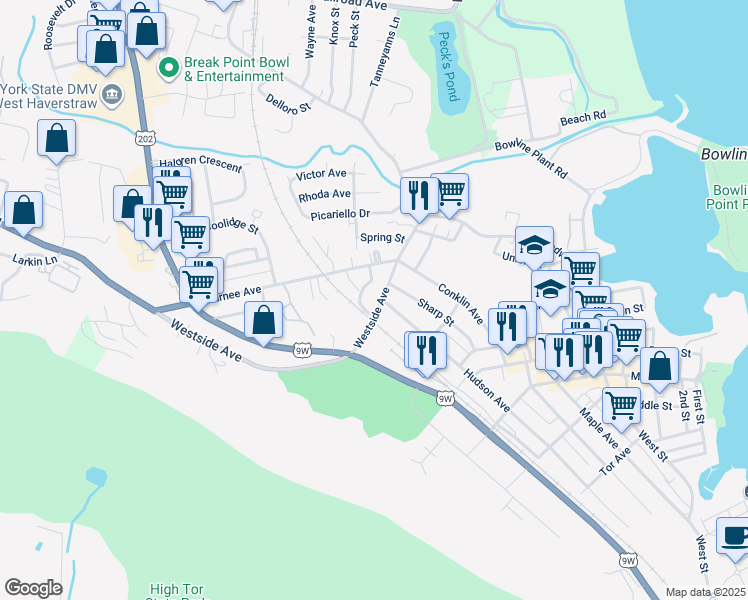 map of restaurants, bars, coffee shops, grocery stores, and more near 50 Westside Avenue in Haverstraw