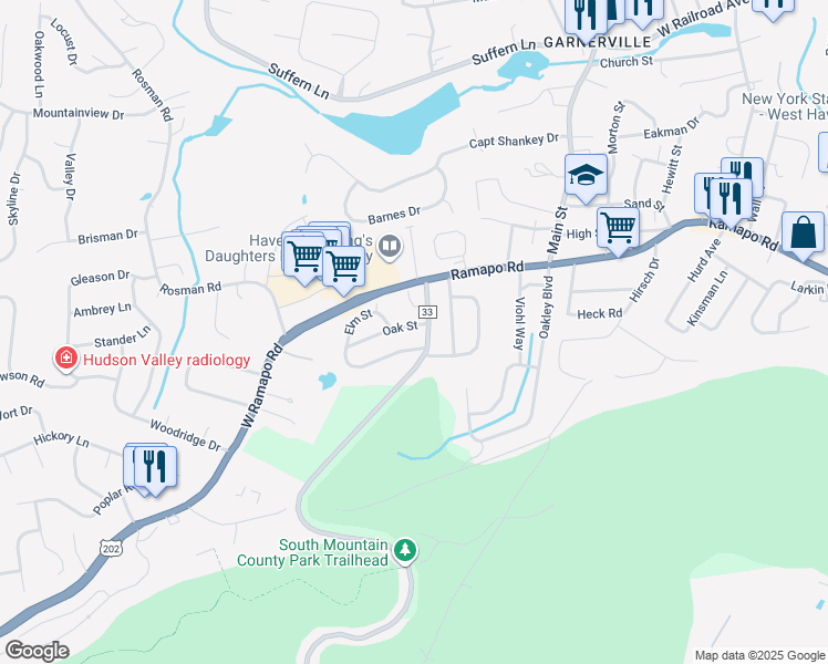 map of restaurants, bars, coffee shops, grocery stores, and more near 2 Oak Street in Thiells