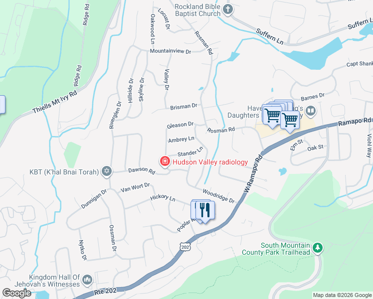 map of restaurants, bars, coffee shops, grocery stores, and more near 8 Stander Lane in Thiells