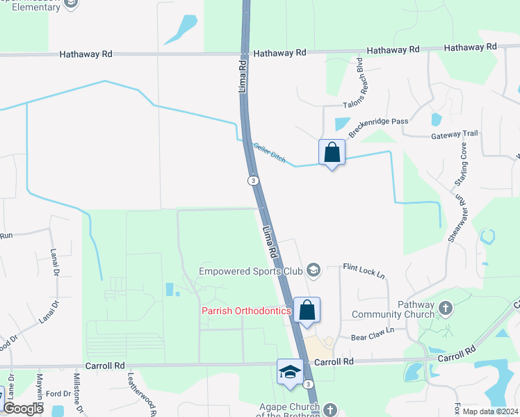 map of restaurants, bars, coffee shops, grocery stores, and more near 12407 Lima Road in Fort Wayne