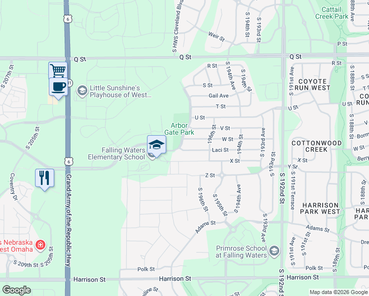 map of restaurants, bars, coffee shops, grocery stores, and more near 19628 Laci Street in Omaha