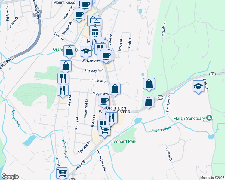 map of restaurants, bars, coffee shops, grocery stores, and more near 331 Main Street in Mount Kisco
