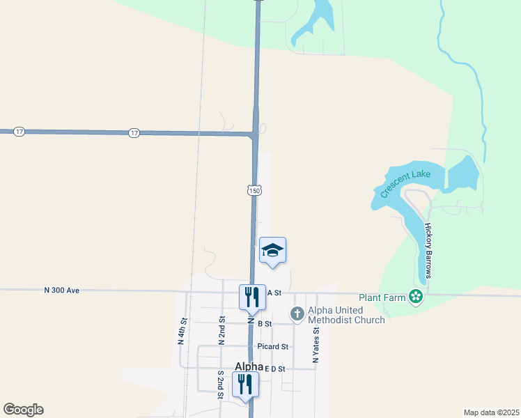 map of restaurants, bars, coffee shops, grocery stores, and more near 611 North 1st Street in Alpha