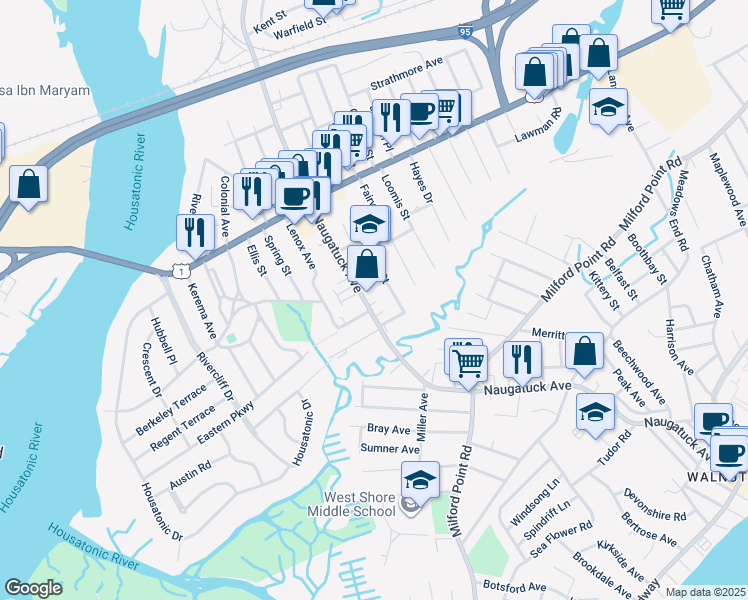 map of restaurants, bars, coffee shops, grocery stores, and more near 459 Naugatuck Avenue in Milford