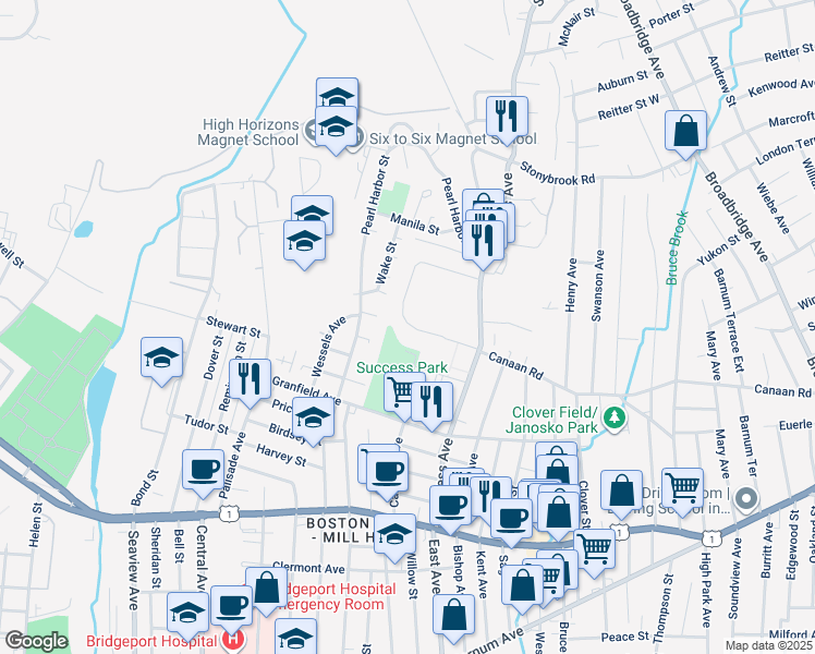 map of restaurants, bars, coffee shops, grocery stores, and more near 299 Court D in Bridgeport