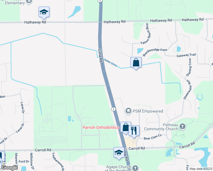 map of restaurants, bars, coffee shops, grocery stores, and more near 12371 Lima Road in Fort Wayne
