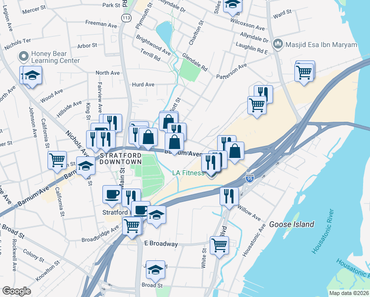 map of restaurants, bars, coffee shops, grocery stores, and more near 720 Barnum Avenue Cutoff in Stratford