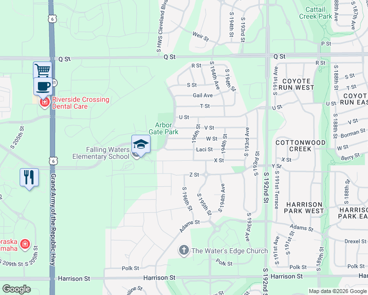 map of restaurants, bars, coffee shops, grocery stores, and more near 19616 Laci Street in Omaha