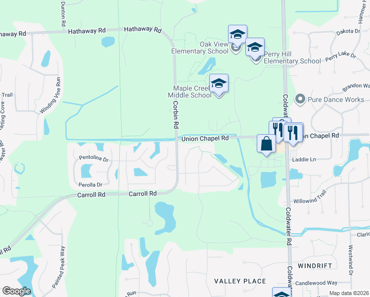 map of restaurants, bars, coffee shops, grocery stores, and more near 12619 Stoneboro Court in Fort Wayne