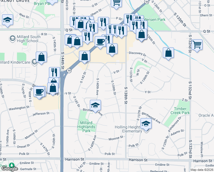 map of restaurants, bars, coffee shops, grocery stores, and more near 13923 X Cir in Omaha