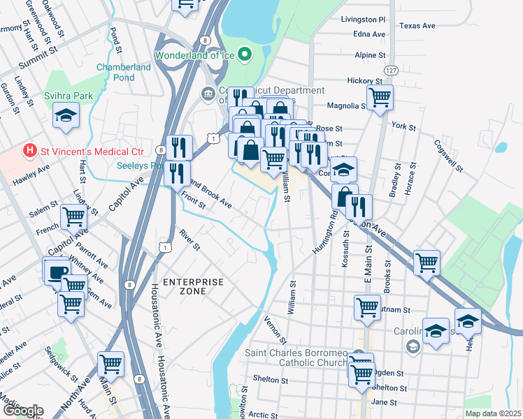 map of restaurants, bars, coffee shops, grocery stores, and more near 10 Island Brook Avenue in Bridgeport