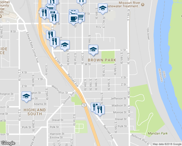 map of restaurants, bars, coffee shops, grocery stores, and more near 5829 South 19th Street in Omaha