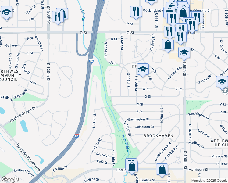 map of restaurants, bars, coffee shops, grocery stores, and more near 11425 Laci Circle in Omaha