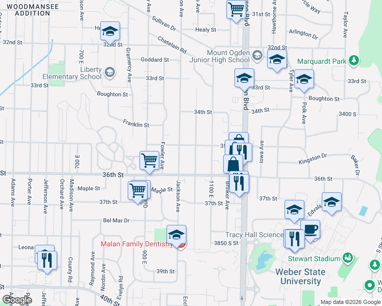 map of restaurants, bars, coffee shops, grocery stores, and more near 3520 Jackson Avenue in Ogden
