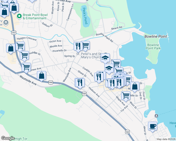 map of restaurants, bars, coffee shops, grocery stores, and more near 59 Conklin Avenue in Haverstraw