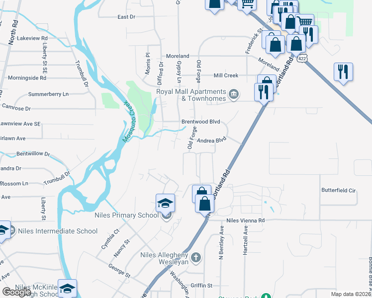 map of restaurants, bars, coffee shops, grocery stores, and more near 1320 Old Forge in Niles