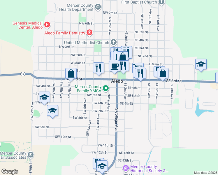 map of restaurants, bars, coffee shops, grocery stores, and more near 198 Southwest 4th Street in Aledo