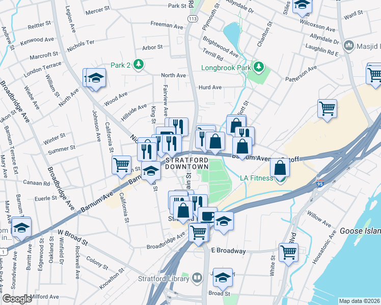 map of restaurants, bars, coffee shops, grocery stores, and more near 1925 Barnum Avenue Cutoff in Stratford