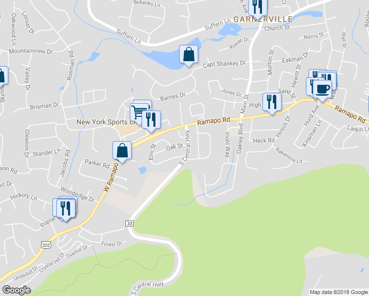 map of restaurants, bars, coffee shops, grocery stores, and more near 2 Oak Street in Thiells