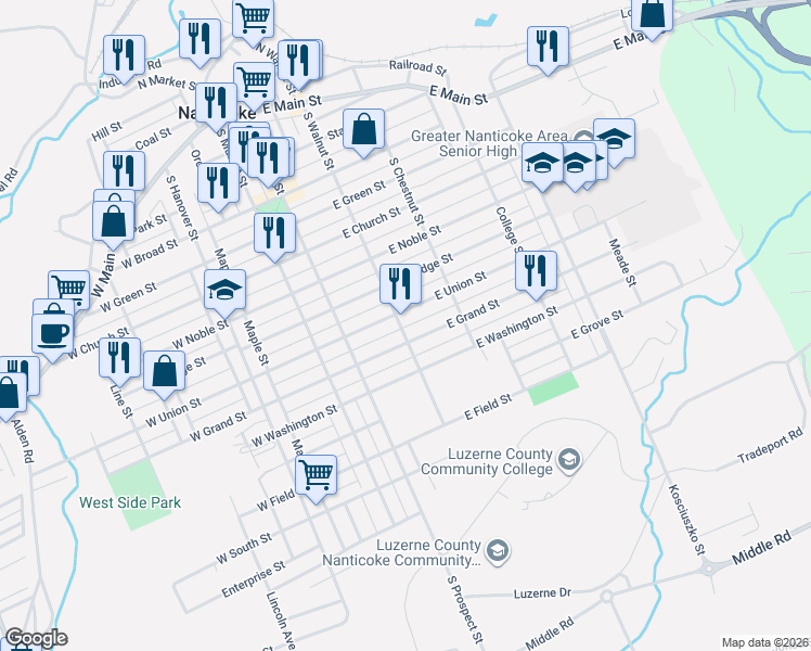 map of restaurants, bars, coffee shops, grocery stores, and more near 715 South Walnut Street in Nanticoke