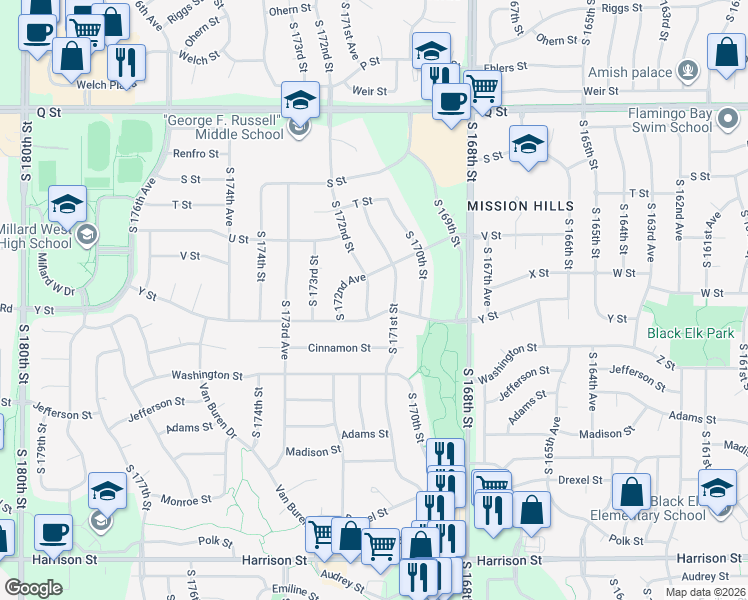map of restaurants, bars, coffee shops, grocery stores, and more near 5809 South 172nd Street in Omaha