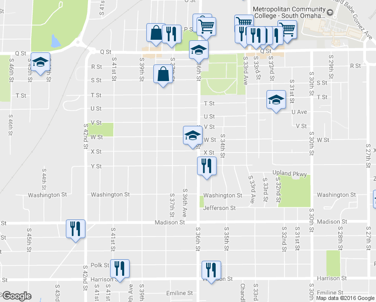 map of restaurants, bars, coffee shops, grocery stores, and more near 3619 X Street in Omaha