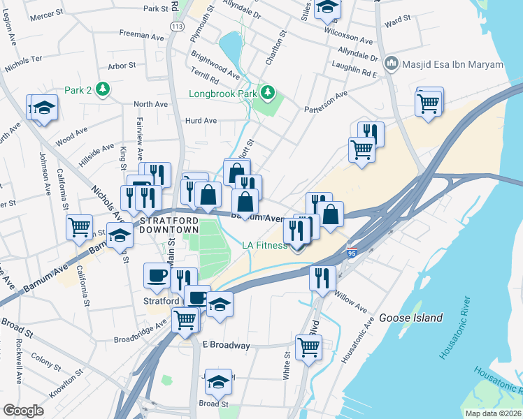 map of restaurants, bars, coffee shops, grocery stores, and more near 720 Barnum Avenue Cutoff in Stratford