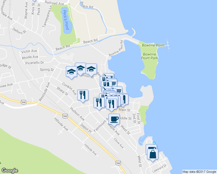 map of restaurants, bars, coffee shops, grocery stores, and more near 70 Broadway in Haverstraw