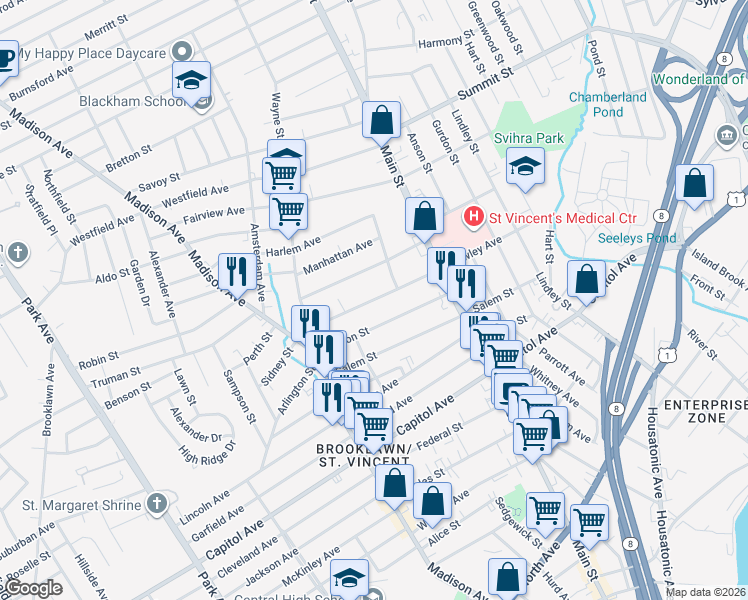 map of restaurants, bars, coffee shops, grocery stores, and more near 508 Hawley Avenue in Bridgeport