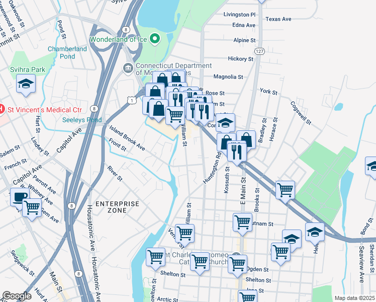 map of restaurants, bars, coffee shops, grocery stores, and more near 1088 William Street in Bridgeport