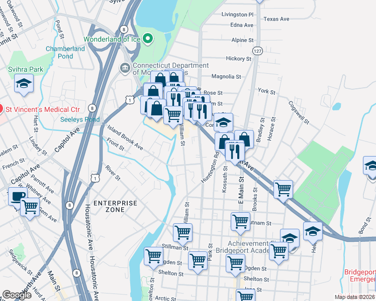 map of restaurants, bars, coffee shops, grocery stores, and more near 1088 William Street in Bridgeport