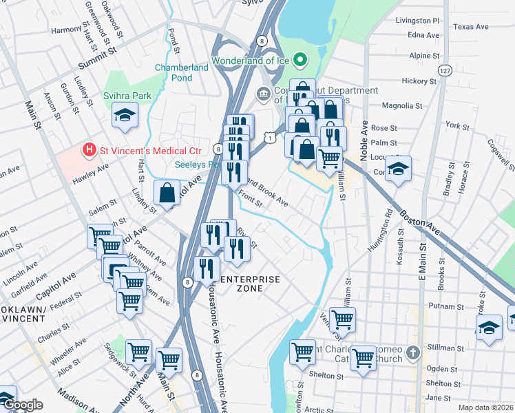 map of restaurants, bars, coffee shops, grocery stores, and more near 125 Front Street in Bridgeport