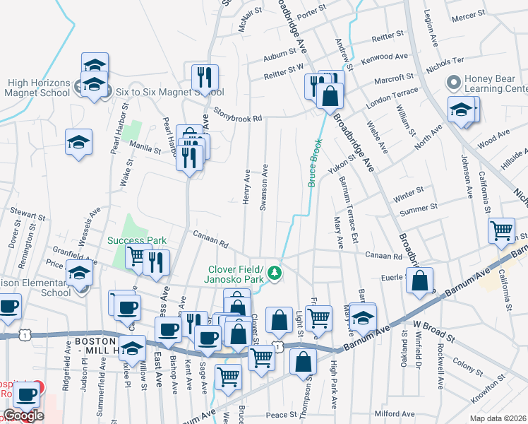 map of restaurants, bars, coffee shops, grocery stores, and more near 130 Swanson Avenue in Stratford
