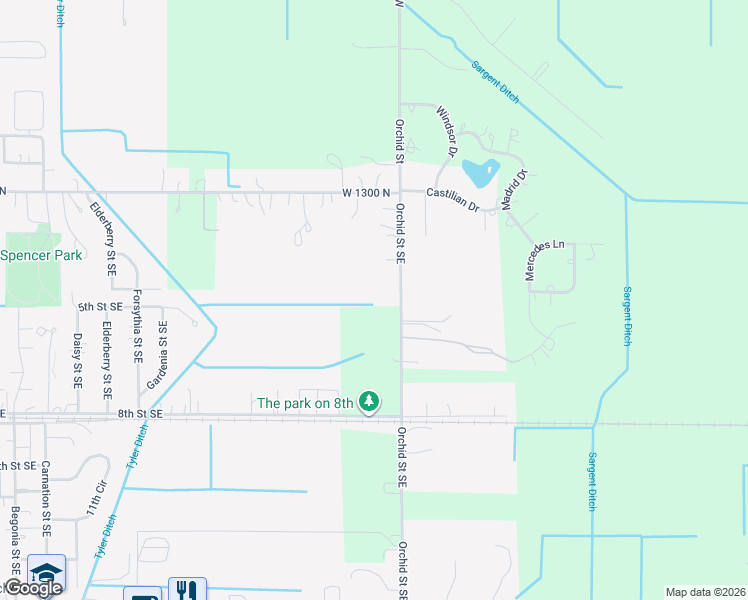 map of restaurants, bars, coffee shops, grocery stores, and more near 404 Orchid Street Southeast in De Motte