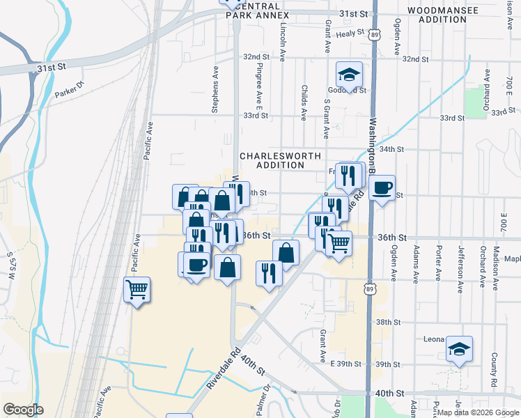 map of restaurants, bars, coffee shops, grocery stores, and more near 154 East Harris Street in Ogden