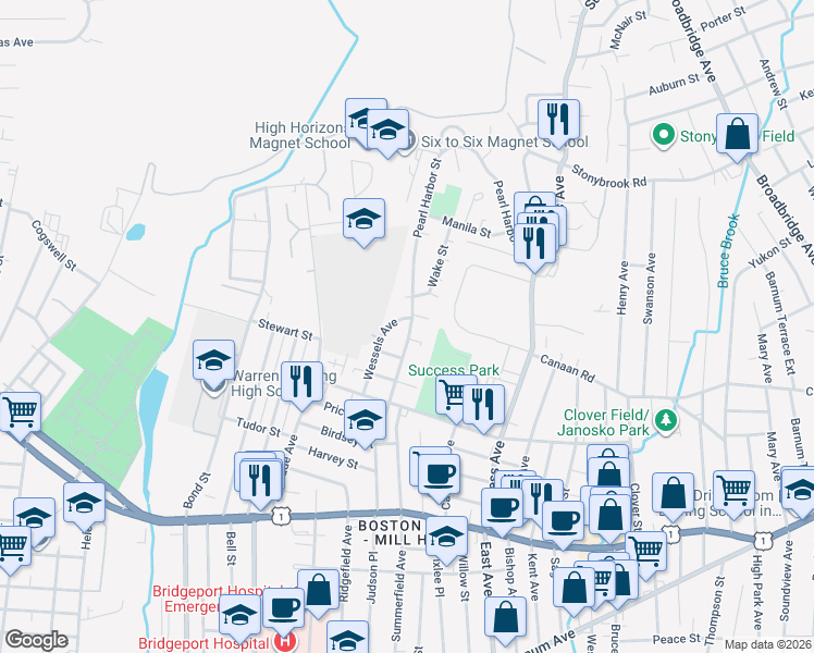 map of restaurants, bars, coffee shops, grocery stores, and more near 216 Pearl Harbor Street in Bridgeport