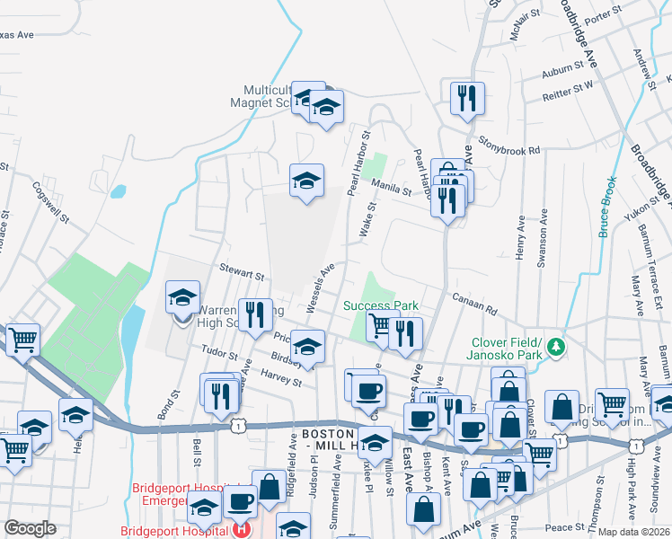 map of restaurants, bars, coffee shops, grocery stores, and more near 167 Wessels Avenue in Bridgeport