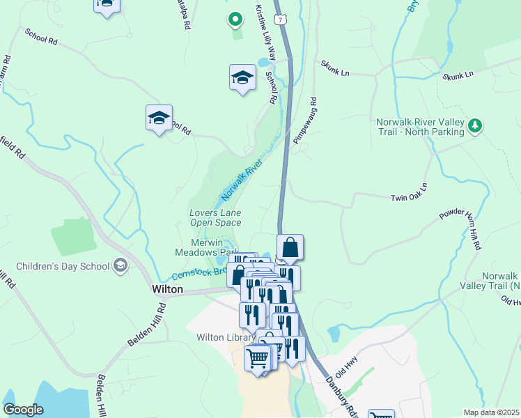 map of restaurants, bars, coffee shops, grocery stores, and more near 31 Old Danbury Road in Wilton