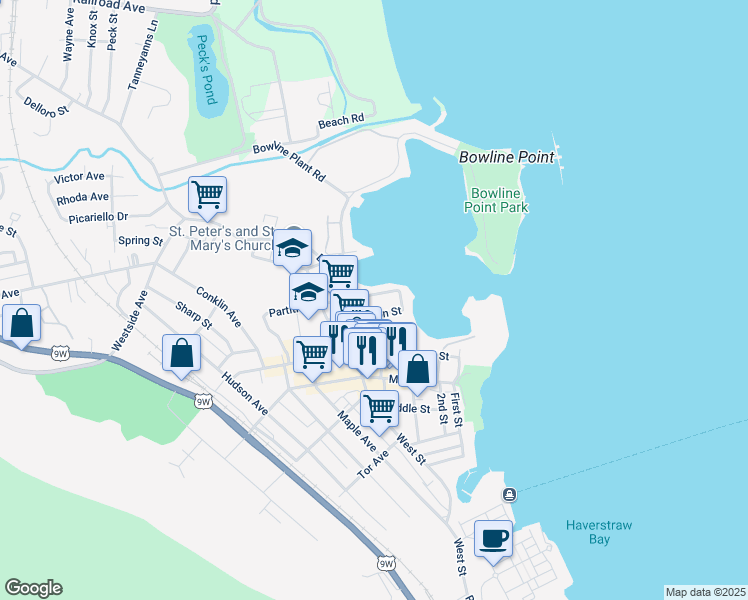 map of restaurants, bars, coffee shops, grocery stores, and more near 21A Clinton Street in Haverstraw