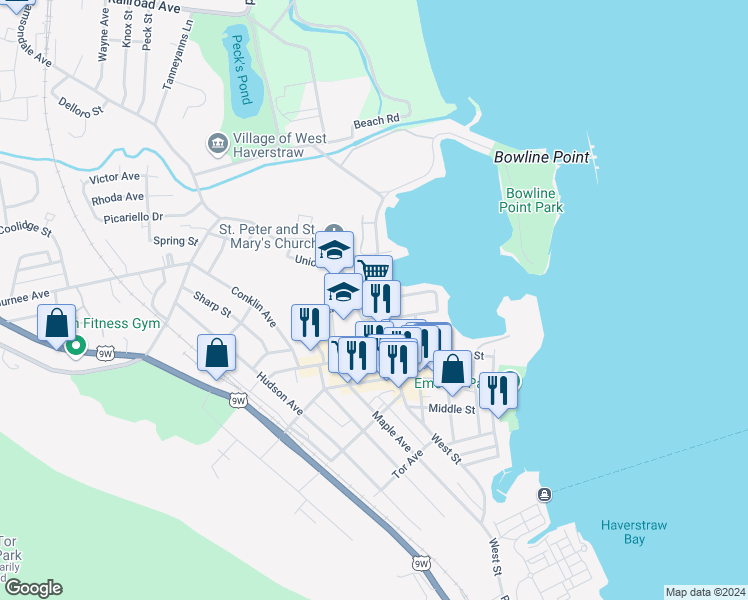 map of restaurants, bars, coffee shops, grocery stores, and more near 70 Broadway in Haverstraw